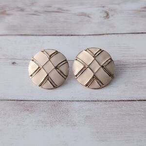 Vintage Stud Earrings Round Beige Enamel Gold Tone Statement Circle 1 & 1/8
